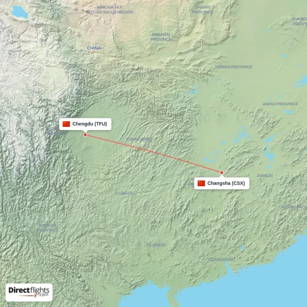 Chengdu - Changsha direct flight map