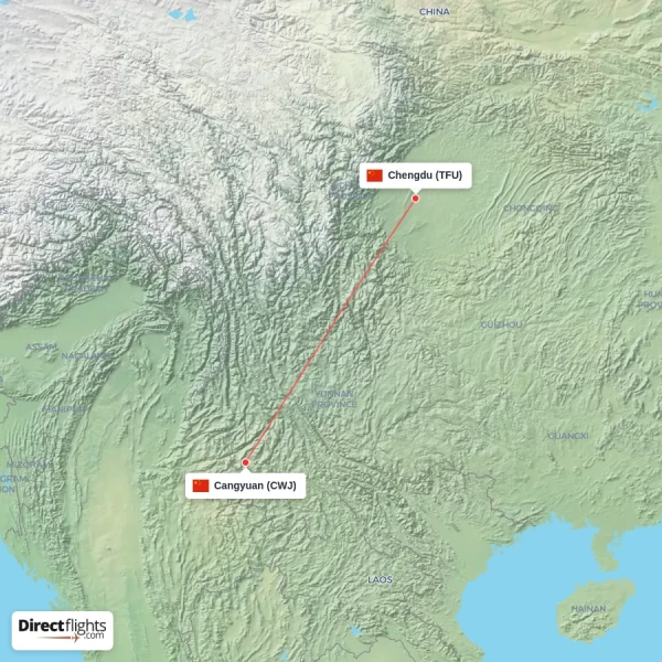 Chengdu - Cangyuan direct flight map