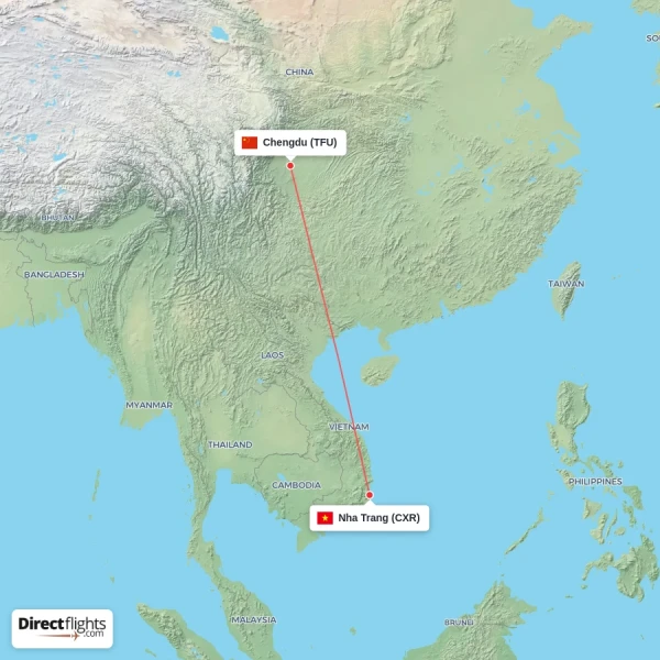 Chengdu - Nha Trang direct flight map