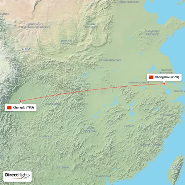 Chengdu - Changzhou direct flight map