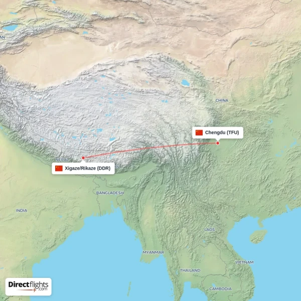 Chengdu - Xigaze/Rikaze direct flight map