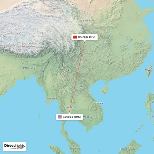 Chengdu - Bangkok direct flight map