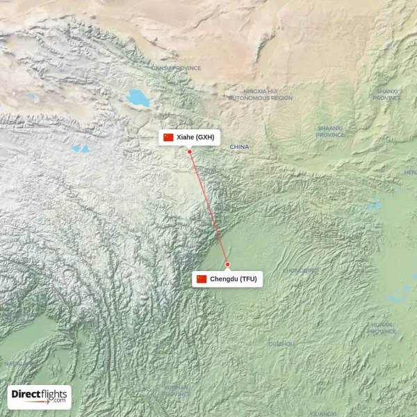Chengdu - Xiahe direct flight map