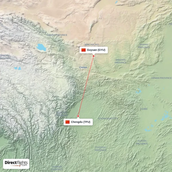 Chengdu - Guyuan direct flight map