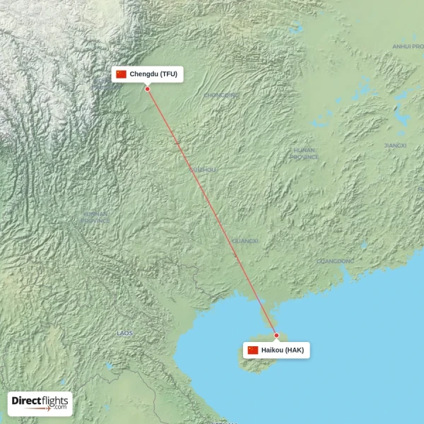 Chengdu - Haikou direct flight map