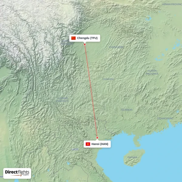 Chengdu - Hanoi direct flight map