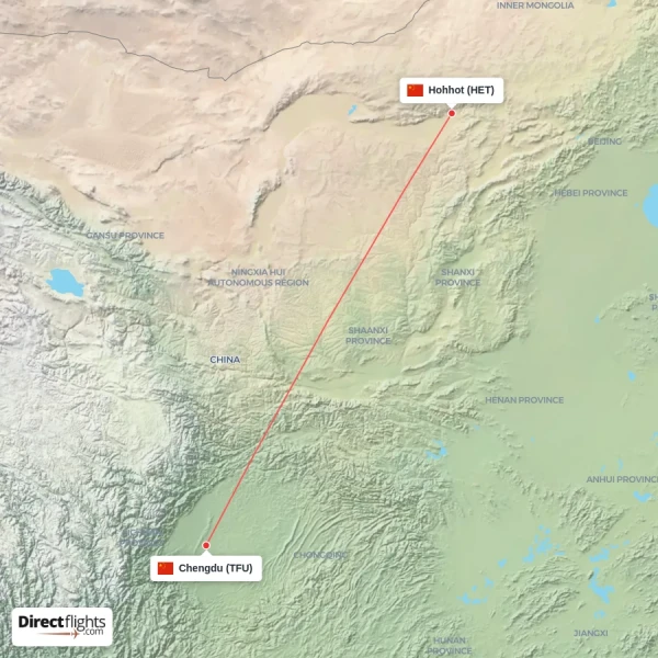Chengdu - Hohhot direct flight map
