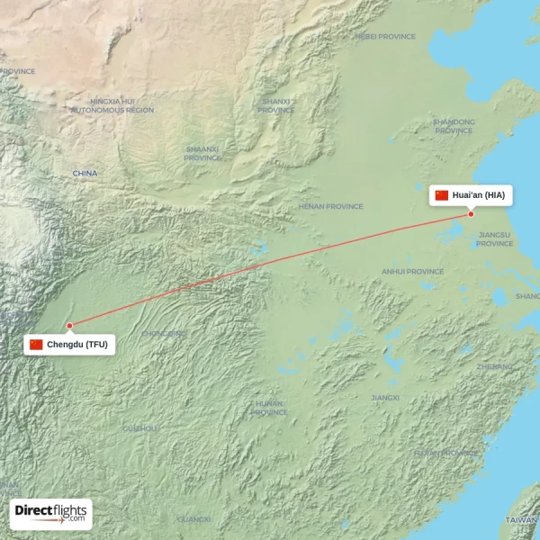 Chengdu - Huai'an direct flight map
