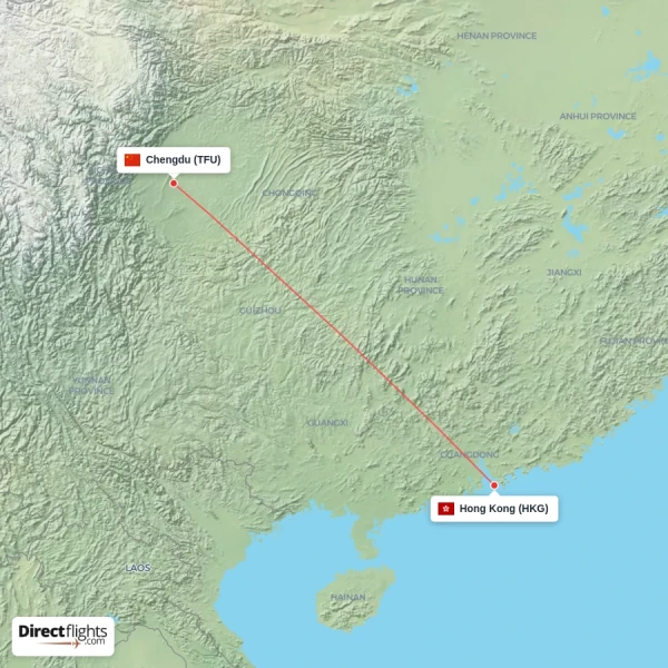 Chengdu - Hong Kong direct flight map