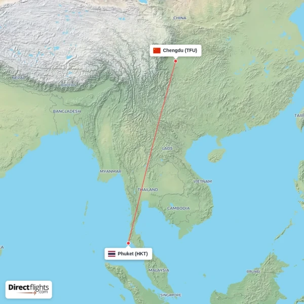 Chengdu - Phuket direct flight map