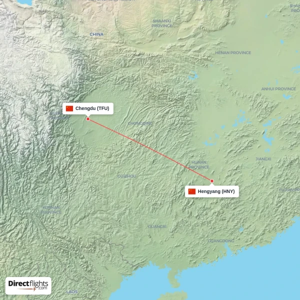 Chengdu - Hengyang direct flight map