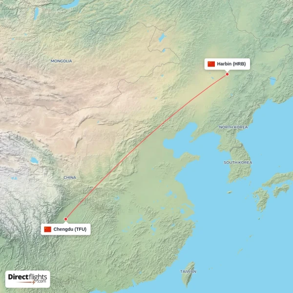 Chengdu - Harbin direct flight map