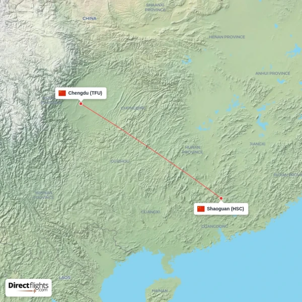 Chengdu - Shaoguan direct flight map