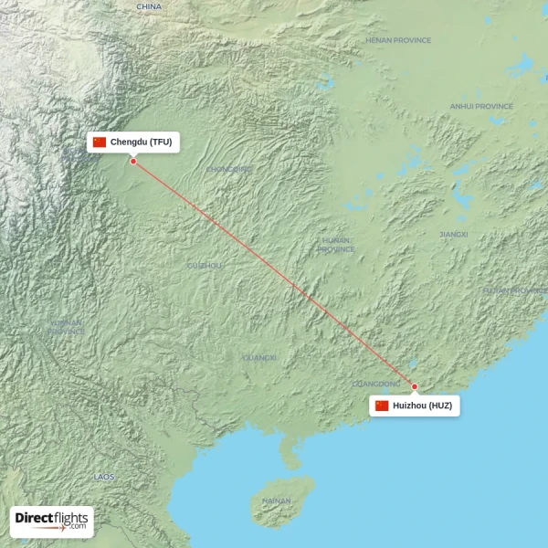 Chengdu - Huizhou direct flight map