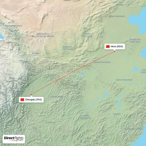 Chengdu - Heze direct flight map