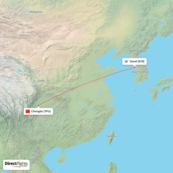 Chengdu - Seoul direct flight map