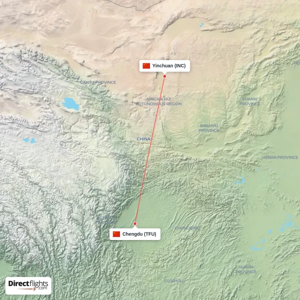 Chengdu - Yinchuan direct flight map