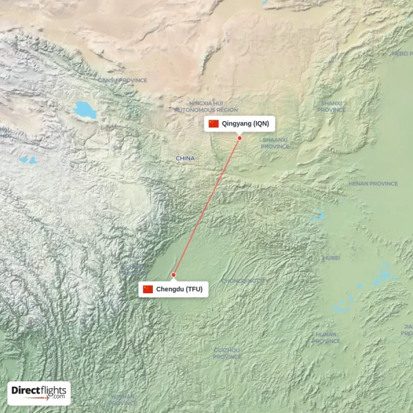 Chengdu - Qingyang direct flight map