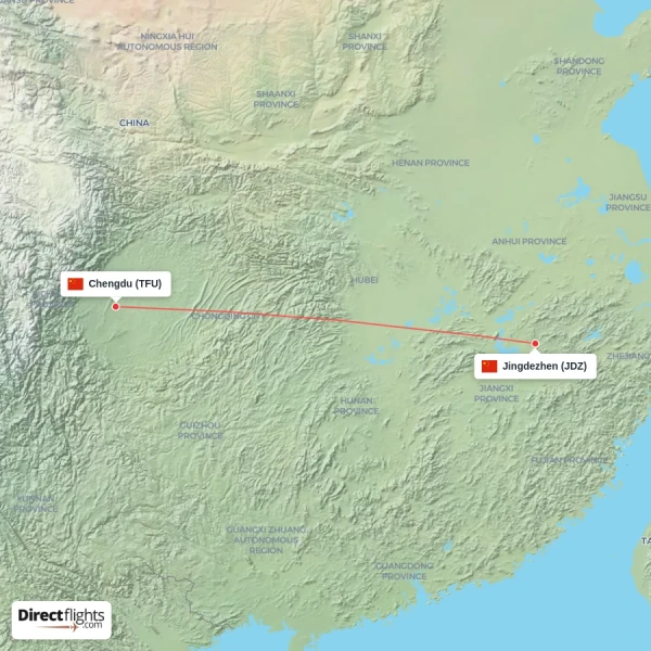 Chengdu - Jingdezhen direct flight map