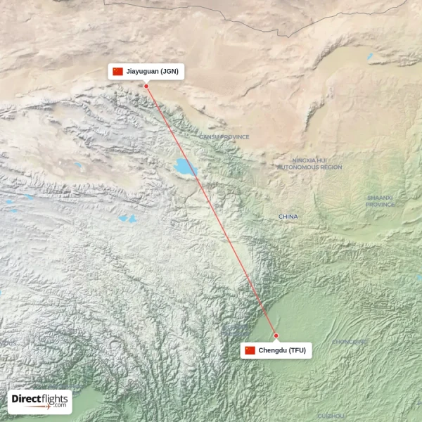 Chengdu - Jiayuguan direct flight map