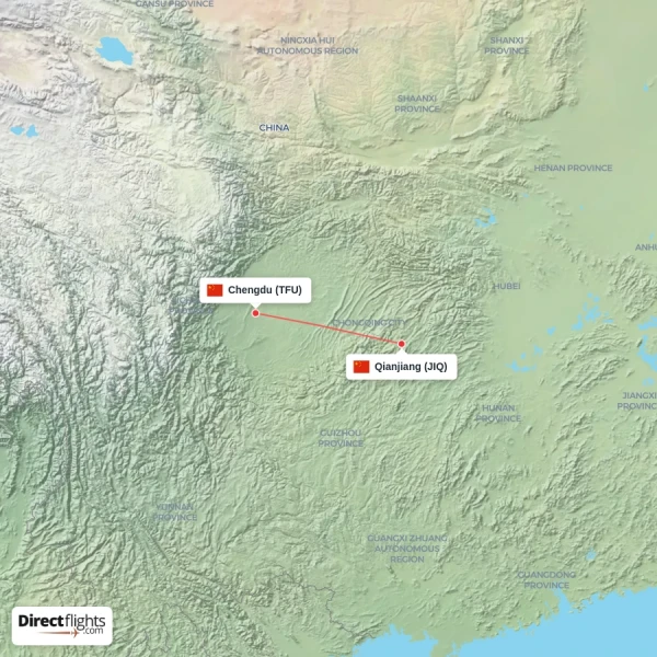 Chengdu - Qianjiang direct flight map