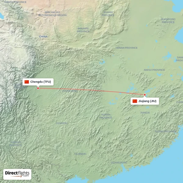 Chengdu - Jiujiang direct flight map