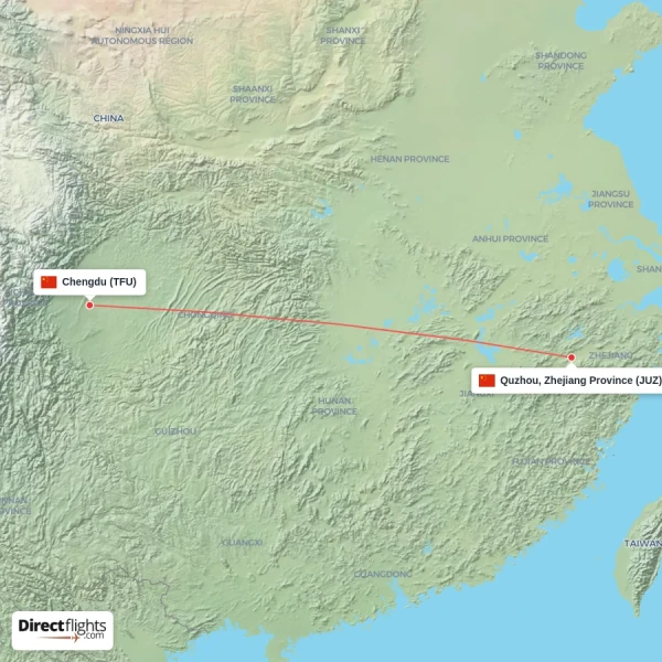Chengdu - Quzhou, Zhejiang Province direct flight map
