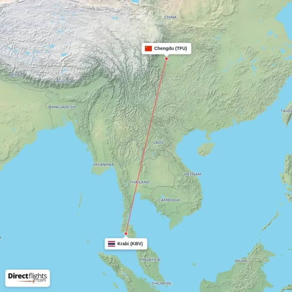 Chengdu - Krabi direct flight map