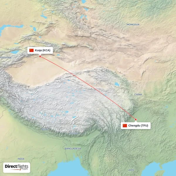 Chengdu - Kuqa direct flight map