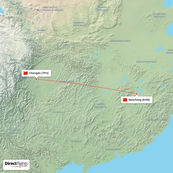 Chengdu - Nanchang direct flight map