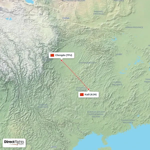 Chengdu - Kaili direct flight map