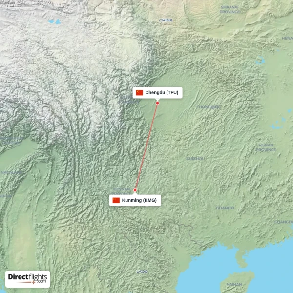 Chengdu - Kunming direct flight map