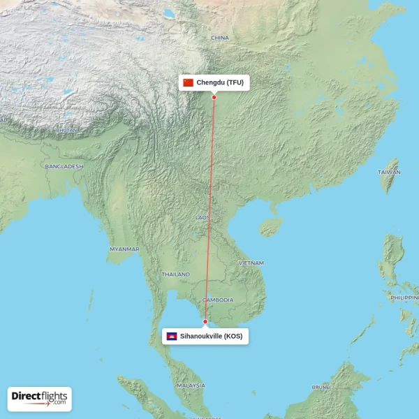 Chengdu - Sihanoukville direct flight map