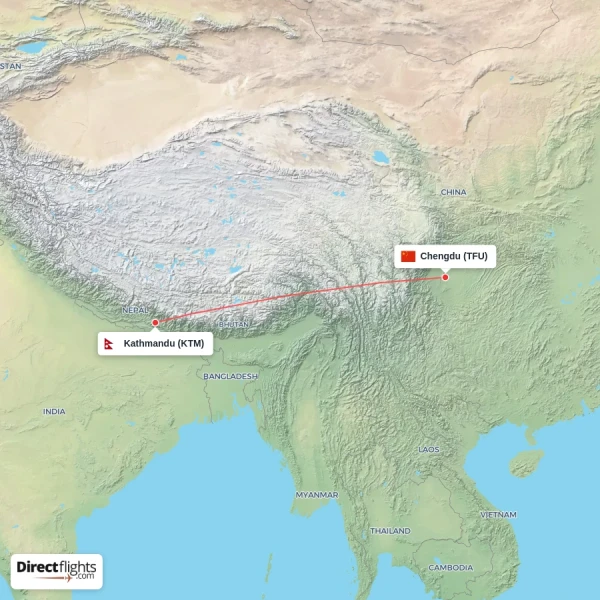 Chengdu - Kathmandu direct flight map