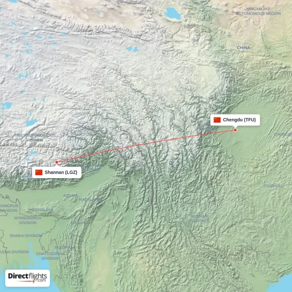 Chengdu - Shannan direct flight map