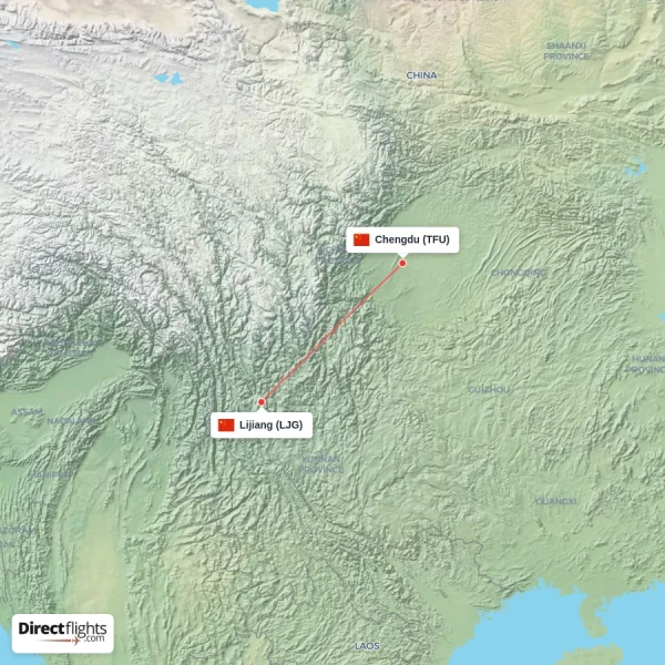 Chengdu - Lijiang direct flight map