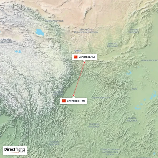 Chengdu - Longan direct flight map