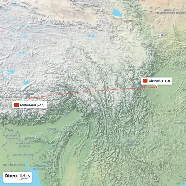 Chengdu - Lhasa/Lasa direct flight map