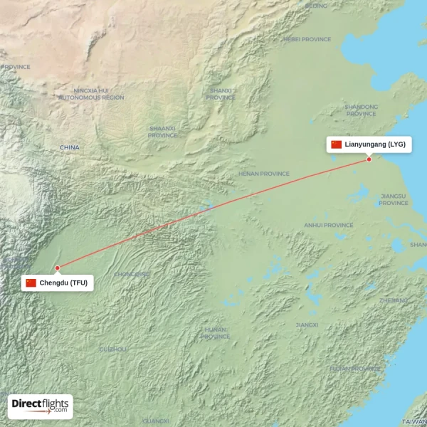 Chengdu - Lianyungang direct flight map