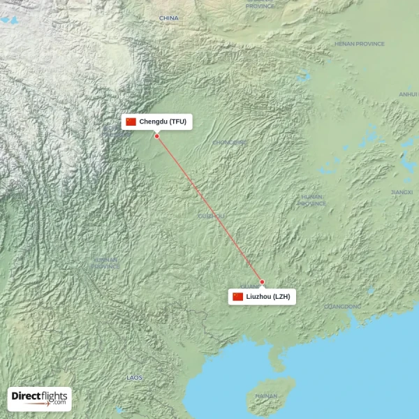 Chengdu - Liuzhou direct flight map