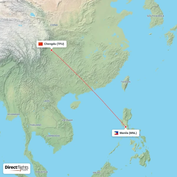 Chengdu - Manila direct flight map