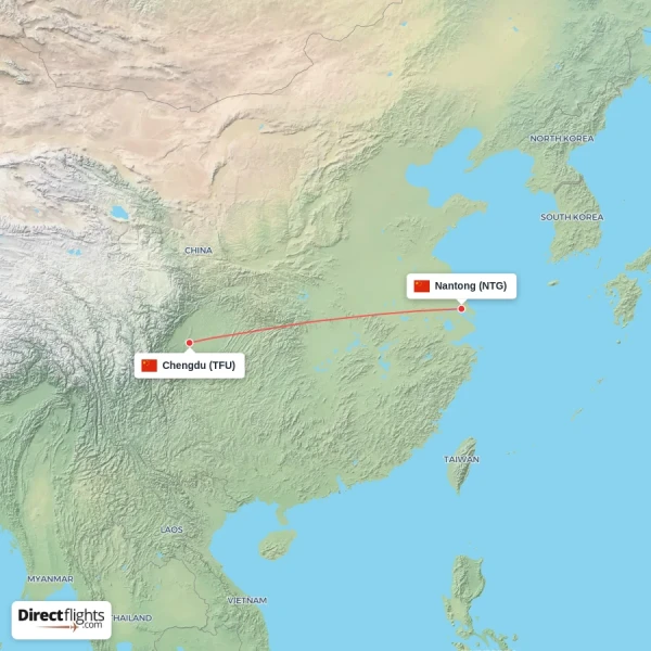 Chengdu - Nantong direct flight map