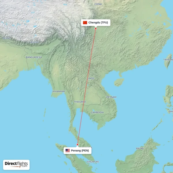 Chengdu - Penang direct flight map