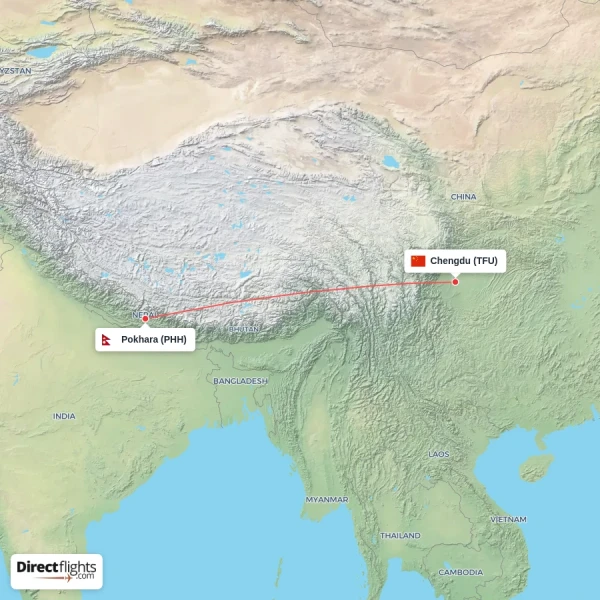 Chengdu - Pokhara direct flight map