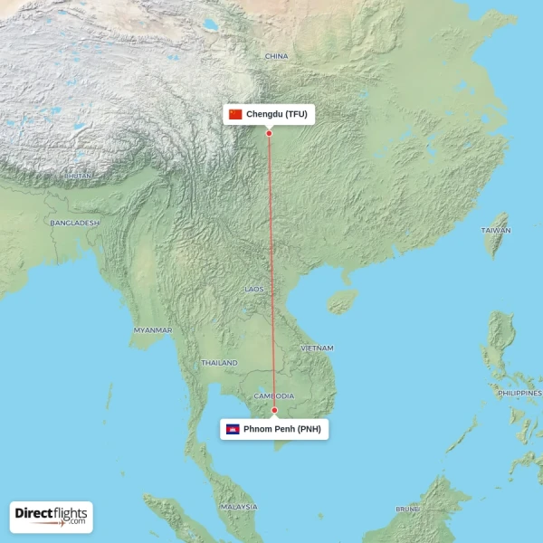Chengdu - Phnom Penh direct flight map