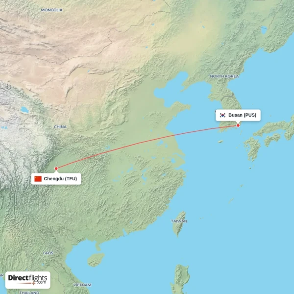 Chengdu - Busan direct flight map