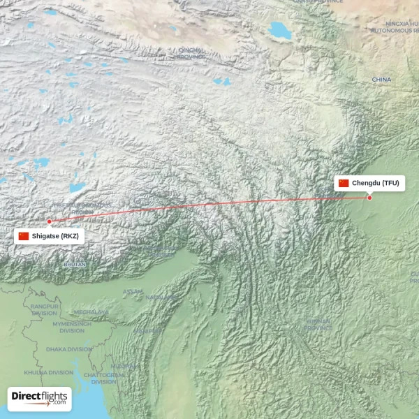 Chengdu - Shigatse direct flight map
