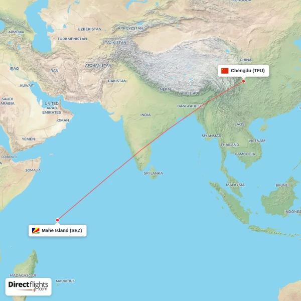 Chengdu - Mahe Island direct flight map