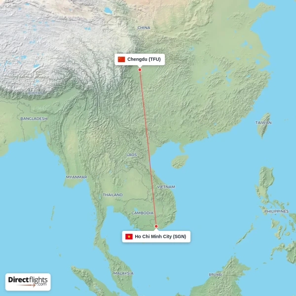 Chengdu - Ho Chi Minh City direct flight map