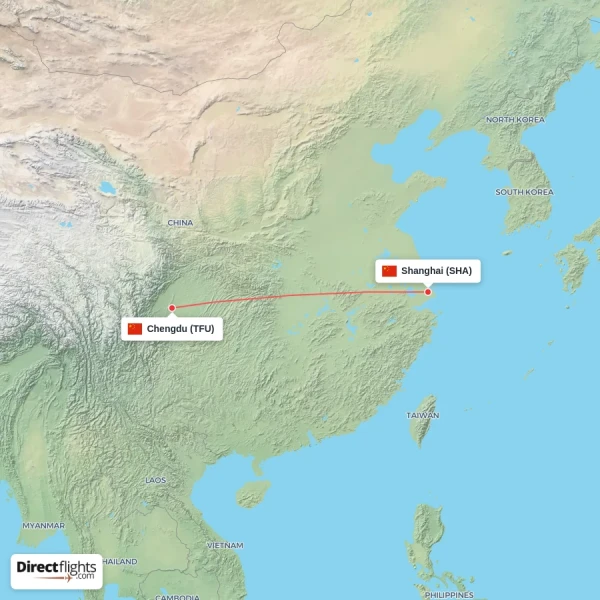 Chengdu - Shanghai direct flight map